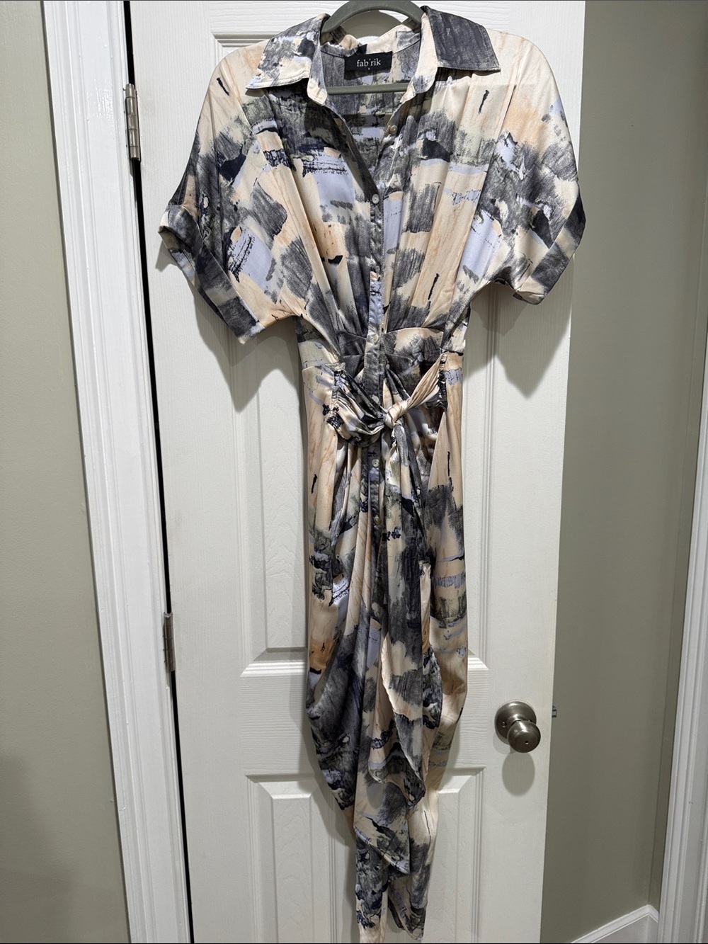 fab'rik Beige and Blue Abstract Maxi Shirt Dress